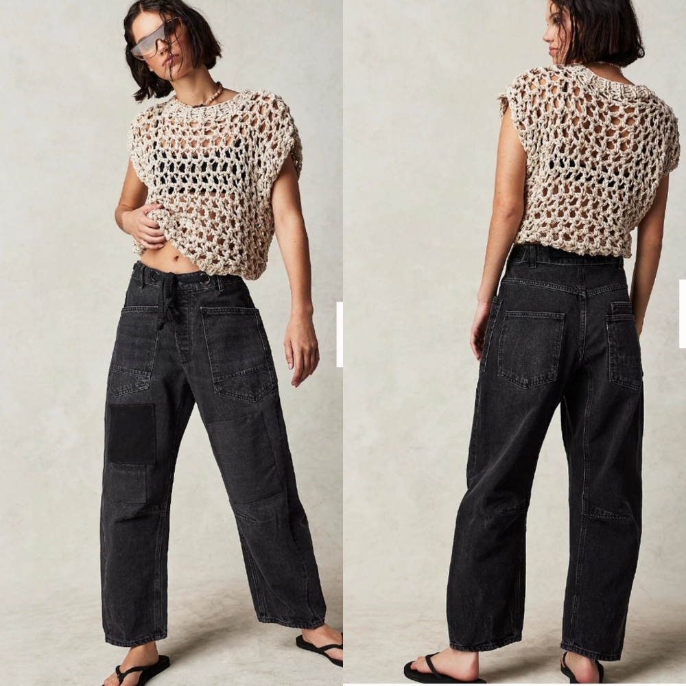 Free People Washed Black Patchwork Ankle Cropped Jeans